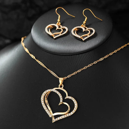 Elegant Gold-Plated Double Heart Necklace & Earrings Set
