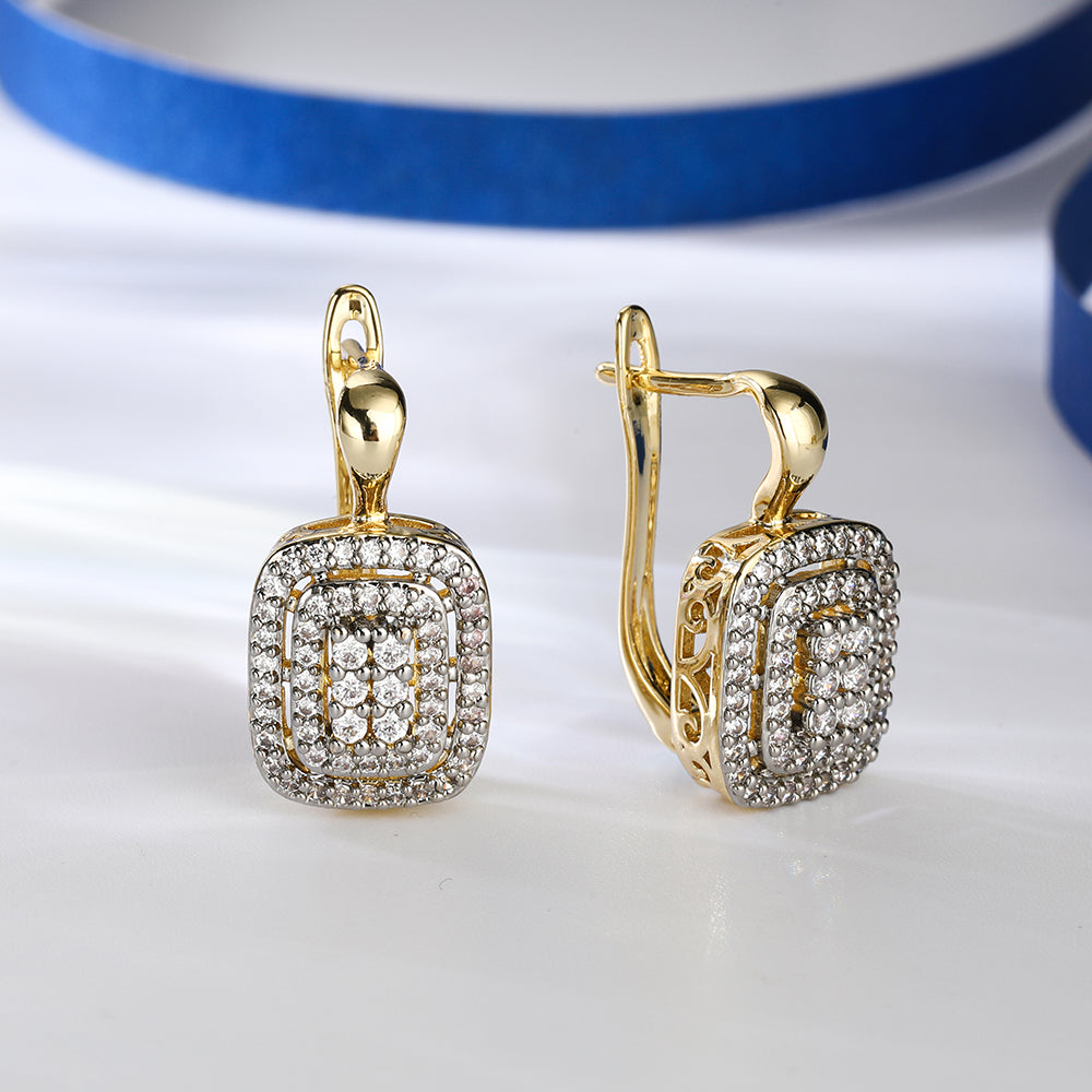 Classic Square inlaid stone Earrings and Ring set – 14k Gold Plated Fashion Jewellery for Ladies
